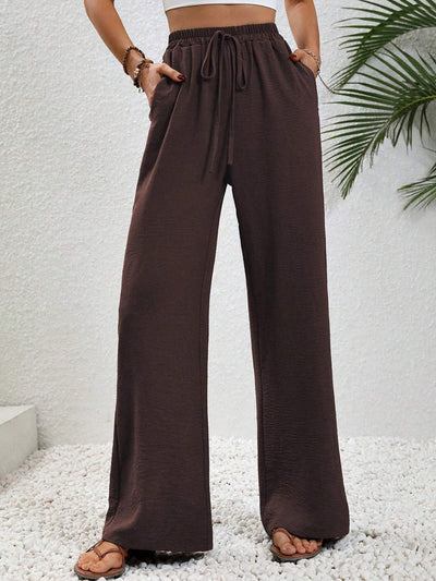 High Waisted Loose Elasticity Pleated Solid Color Tied Waist Pants Trousers