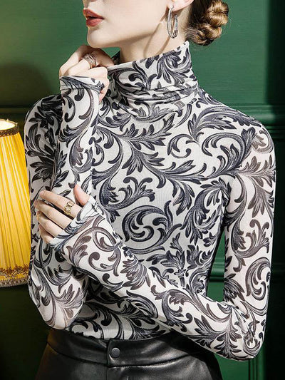 Long Sleeves Skinny Contrast Color Split-Joint High Neck T-Shirts Tops