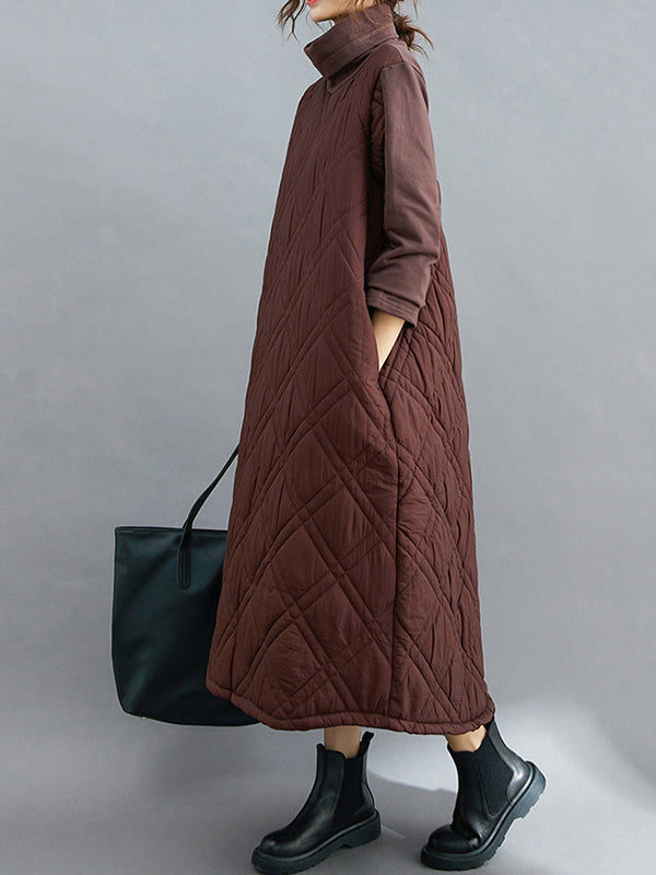 Simple Split-Joint High-Neck H-Line Quilted Midi Dress