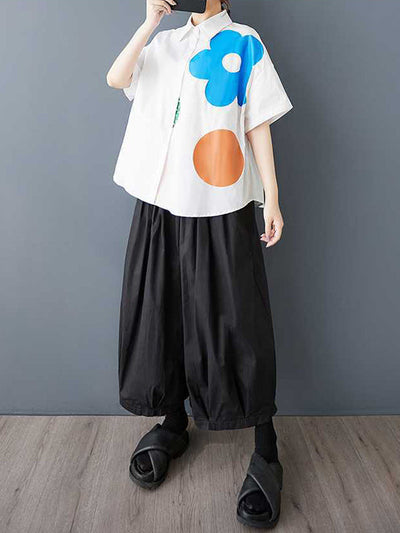 Loose Short Sleeves Buttoned Flower Print Lapel Blouses&Shirts Tops