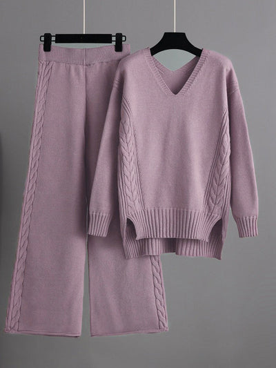 Stylish Loose Long Sleeves Solid Color V-Neck Sweater Tops& Wide Leg Pants Two Pieces Set