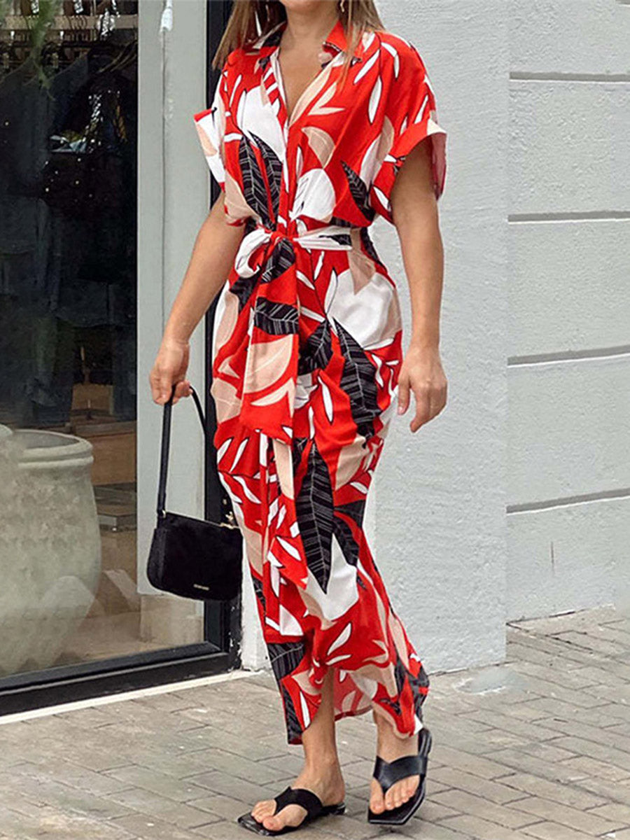 Elasticated Waist High Waisted Buttoned Pleated Solid Color Split-Joint Tied Waist Lapel Maxi Dresses Shirt Dress