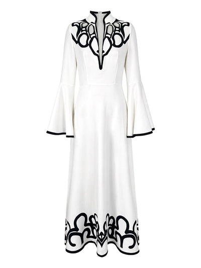 A-Line Flared Sleeves Abstract Printed Contrast Color Hollow Line Split-Joint Stand Collar Maxi Dresses