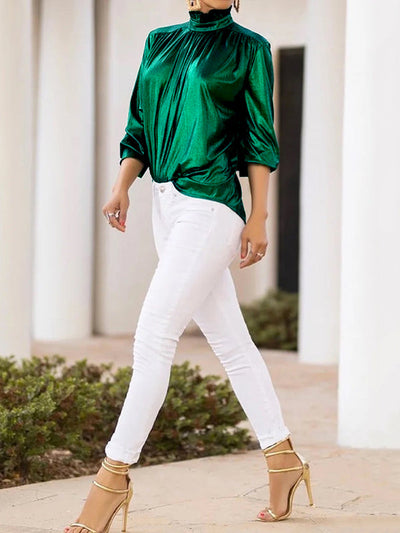 Loose Three-Quarter Sleeves Shiny Solid Color High-Neck Blouses&Shirts Tops