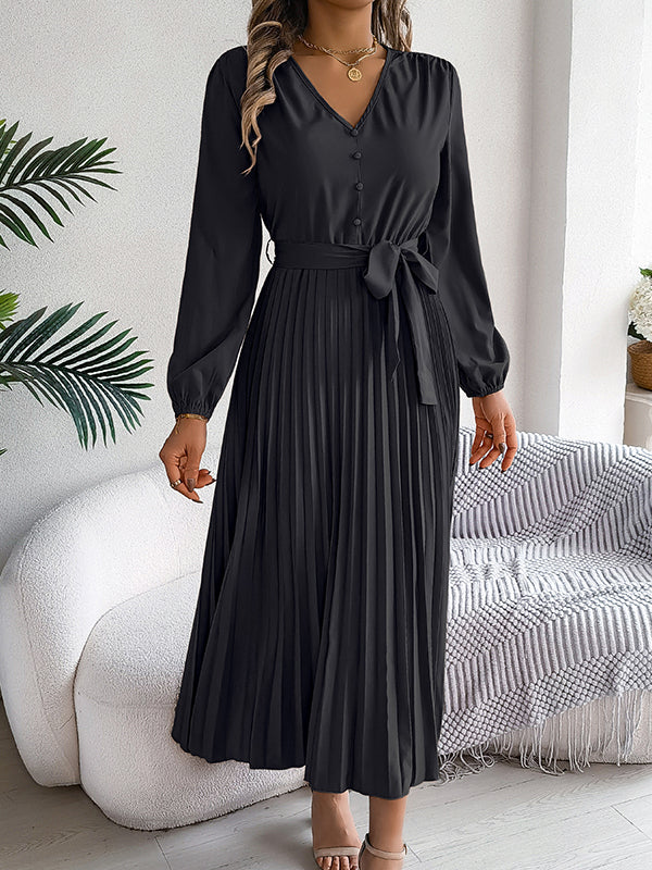 High Waisted Long Sleeves Belted Buttoned Pleated Solid Color V-Neck Maxi Dresses