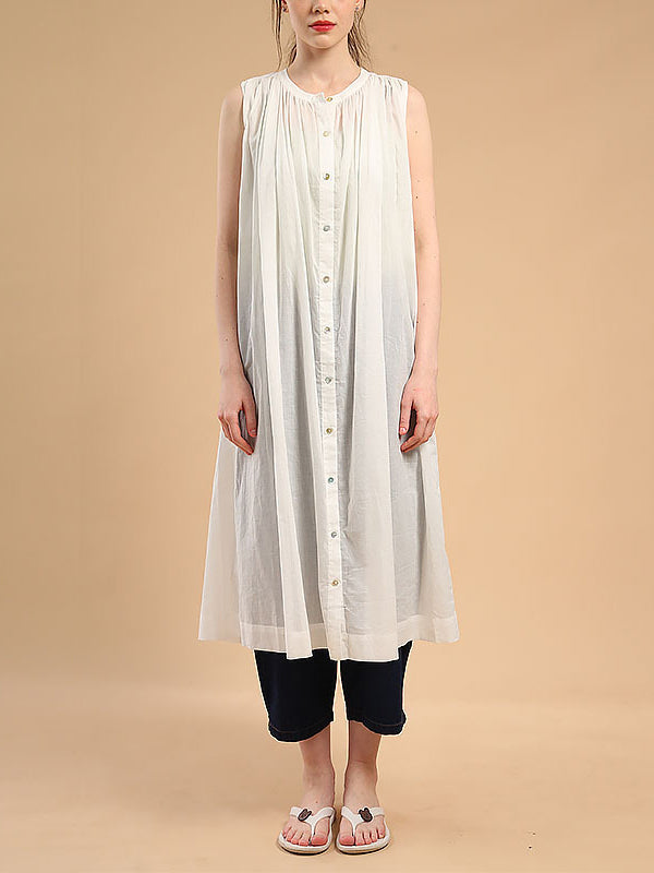 Loose Sleeveless Pleated See-Through Round-Neck Midi Dresses