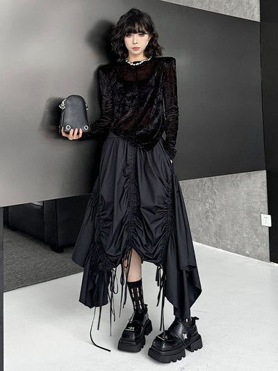 A-Line Elasticated Waist Asymmetric Drawstring Pleated Solid Color Skirts Bottoms