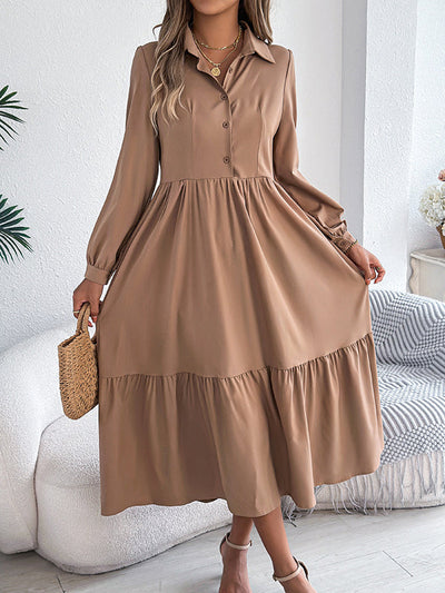 High Waisted Long Sleeves Pleated Ruffled Solid Color Lapel Midi Dresses Shirt Dress