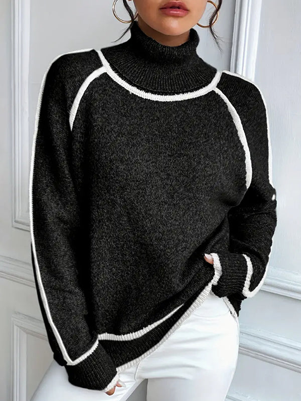 Long Sleeves Loose Contrast Color Split-Joint High Neck Sweater Tops