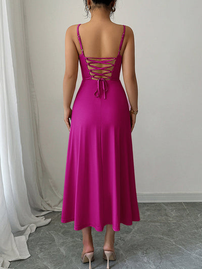A-Line High Waisted Backless Pleated Solid Color Spaghetti-Neck Midi Dresses