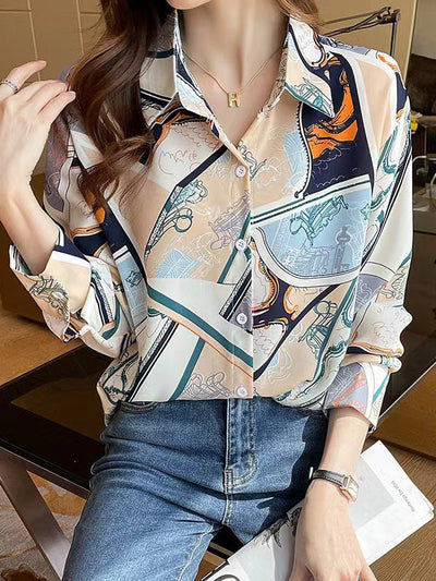 Long Sleeves Loose Buttoned Printed Split-Joint Lapel Blouses&Shirts Tops