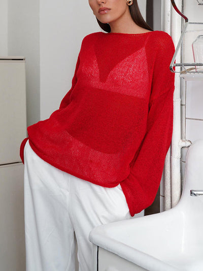 Long Sleeves Loose See-Through Solid Color Split-Joint Round-Neck Sweater Tops