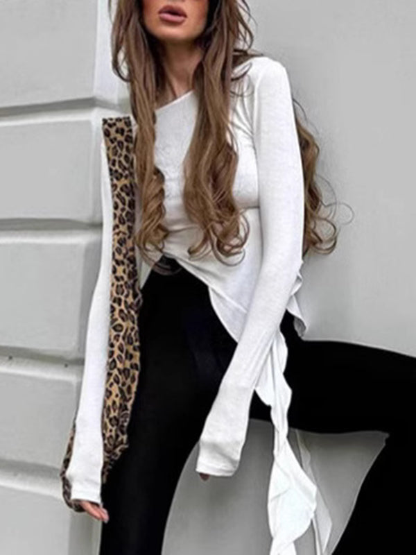 Long Sleeves Skinny Pleated Solid Color Round-Neck T-Shirts Tops