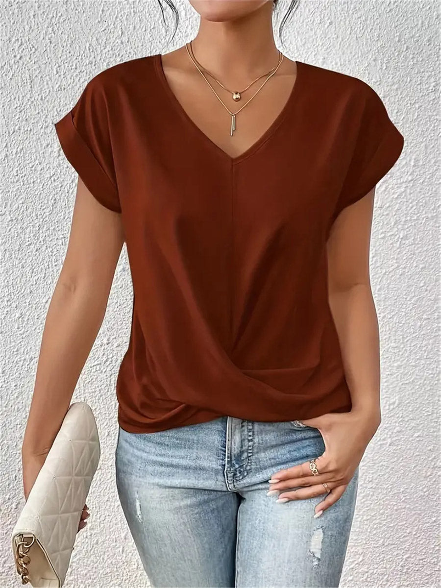 Loose Plus Size Pleated Solid Color V-Neck T-Shirts Tops
