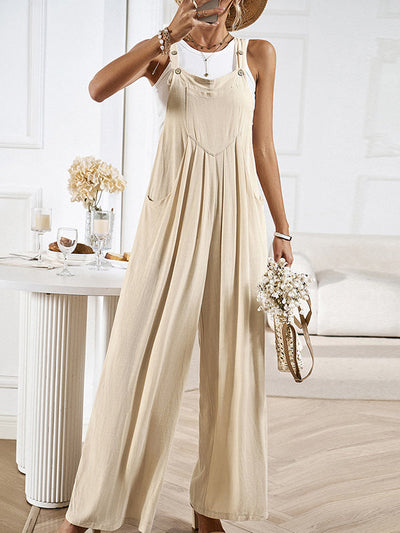 Loose Sleeveless Pleated Pockets Split-Joint Spaghetti-Neck Overalls