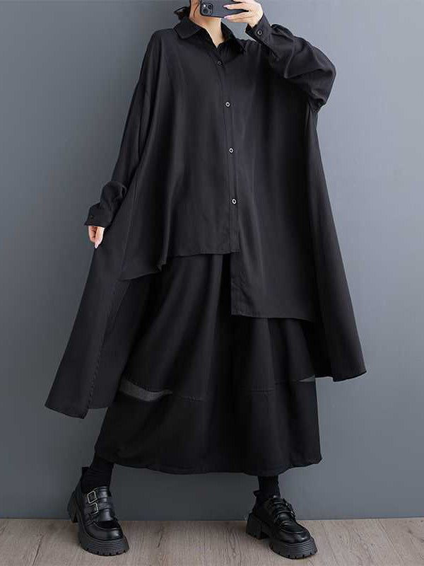 High-Low Long Sleeves Asymmetric Buttoned Solid Color Split-Joint Lapel Blouses&Shirts Tops