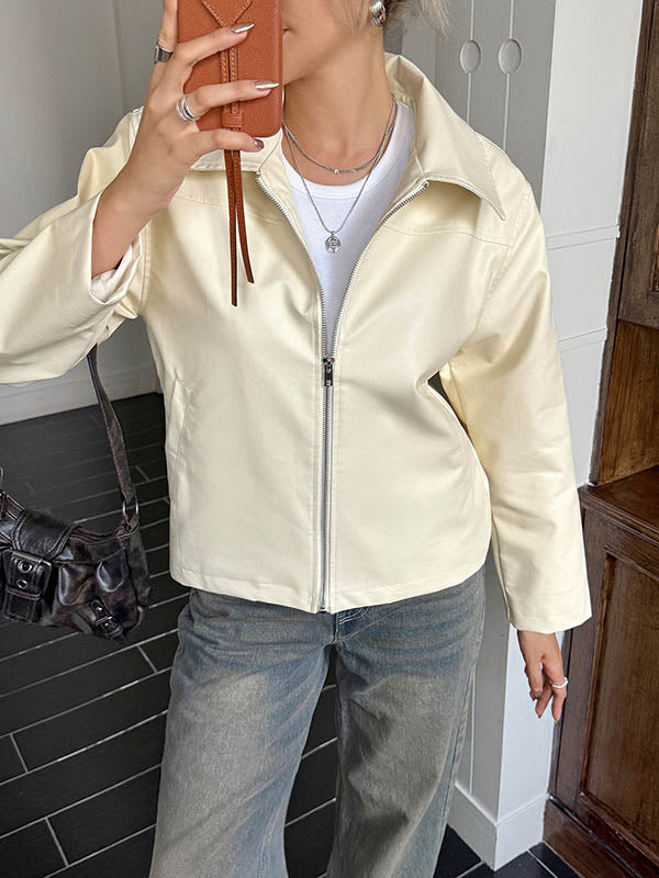 Long Sleeves Pockets Solid Color Zipper Lapel Jackets Overcoat