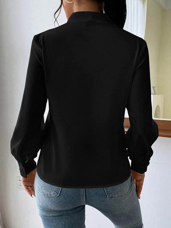 Long Sleeves Loose Pleated Solid Color Split-Joint V-Neck Blouses&Shirts Tops