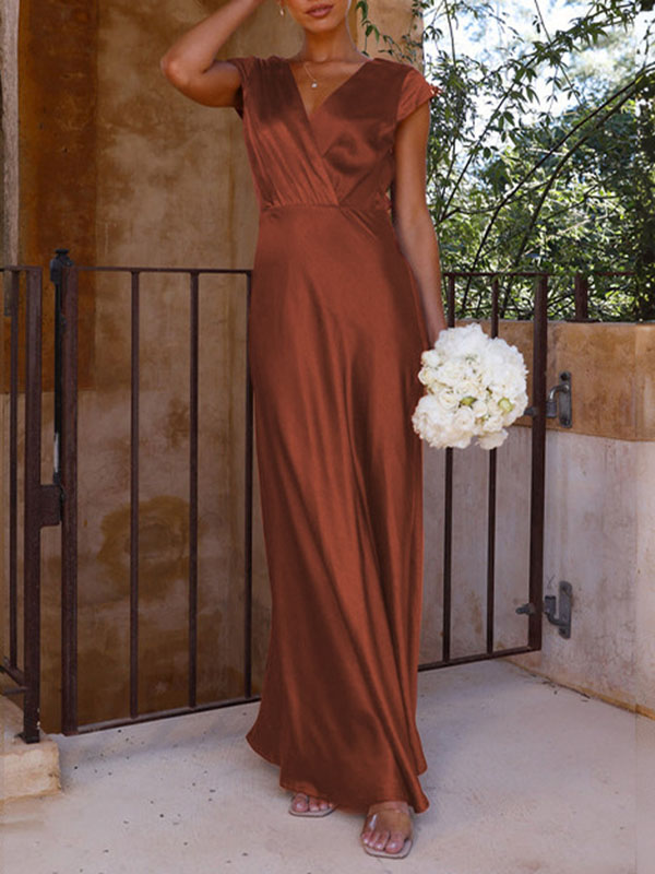 Loose Short Sleeves Pleated Solid Color Split-Joint V-Neck Maxi Dresses