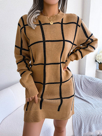 Elasticated Waist Long Sleeves Belted Contrast Color Plaid Round-Neck Mini Dresses Sweater Dresses
