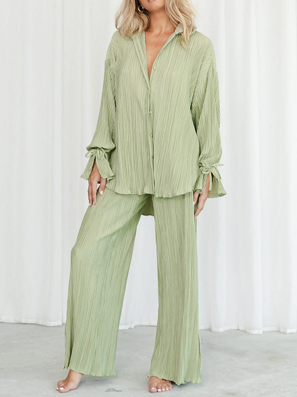 Flared Sleeves Long Sleeves Buttoned Drawstring Pleated Solid Color Split-Side Lapel Shirts Top + Pants Bottom Pajama Sets