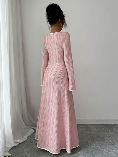 A-Line Bodycon Ribbed Knit Split-Joint Square-Neck Maxi Dresses