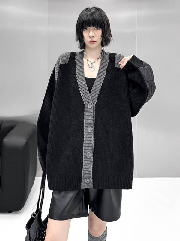 Long Sleeves Loose Buttoned Contrast Color Reversible Split-Joint Collarless Cardigan Tops Outerwear