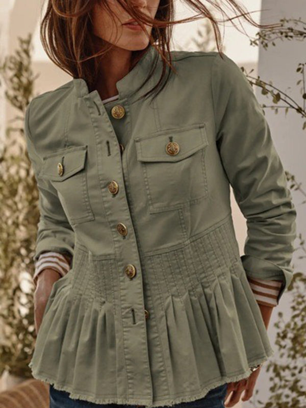 Long Sleeves Buttoned Pleated Split-Joint Stand Collar Outerwear