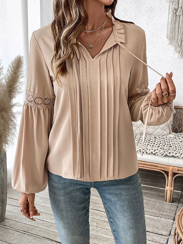 Long Sleeves Loose Pleated Solid Color Split-Joint V-Neck Blouses&Shirts Tops