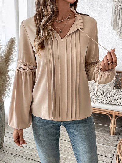 Long Sleeves Loose Pleated Solid Color Split-Joint V-Neck Blouses&Shirts Tops