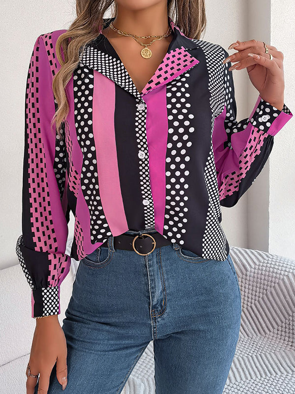 Long Sleeves Buttoned Contrast Color Polka-Dot Notched Collar Blouses&Shirts Tops