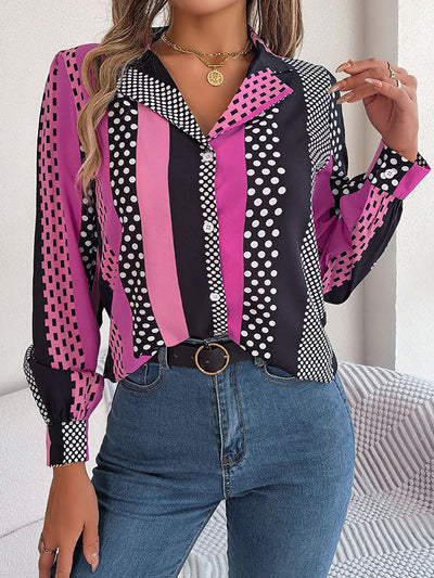 Long Sleeves Buttoned Contrast Color Polka-Dot Notched Collar Blouses&Shirts Tops