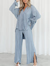 Flared Sleeves Long Sleeves Buttoned Drawstring Pleated Solid Color Split-Side Lapel Shirts Top + Pants Bottom Pajama Sets