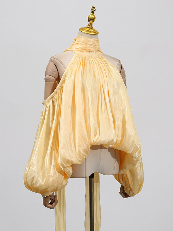 Long Sleeves Loose Pleated Solid Color Tied Halter-Neck Blouses&Shirts Tops