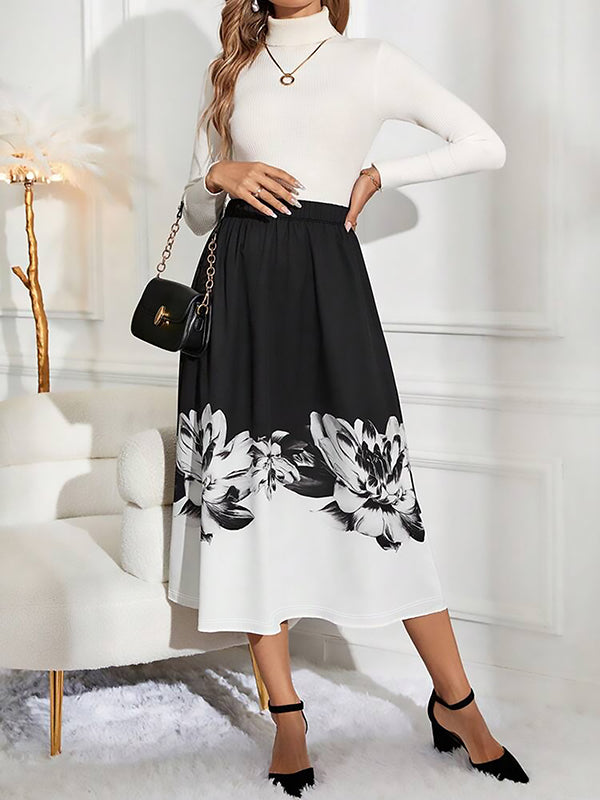 A-Line Loose Elasticity Flower Print Skirts Bottoms