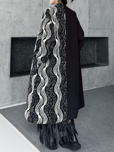 Long Sleeves Loose Buttoned Contrast Color Pockets Stand Collar Woolen Coat