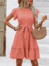 A-Line Loose Buttoned Pleated Polka-Dot Tied Waist Round-Neck Mini Dresses