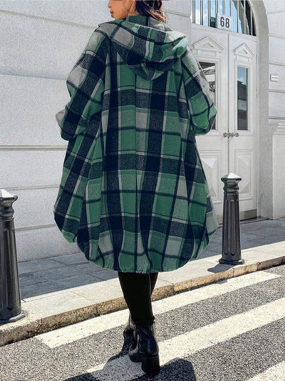 High-Low Long Sleeves Plaid Zipper Hooded Outerwear