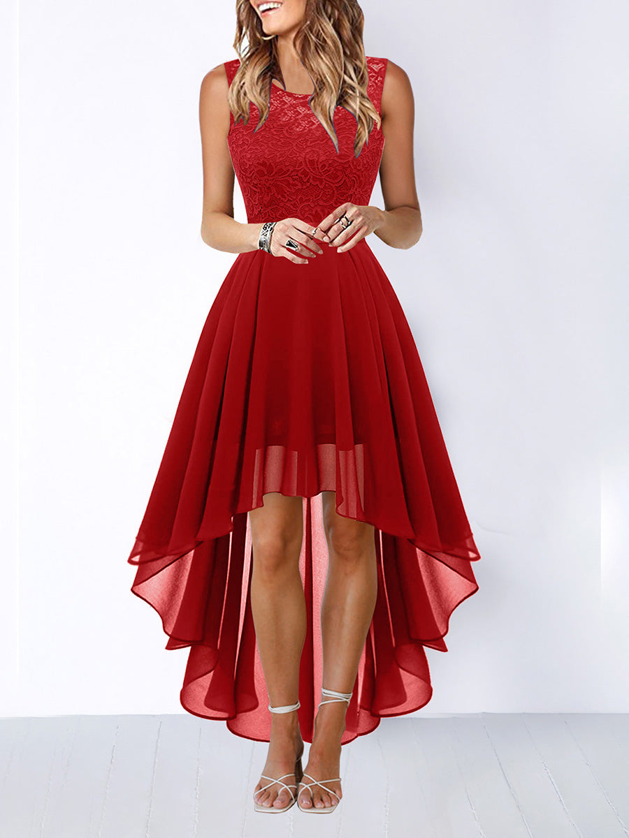 A-Line High Waisted Pleated See-Through Split-Joint Tied Waist Round-Neck Maxi Dresses