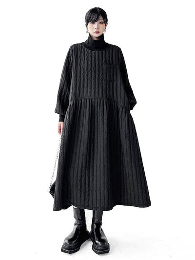 A-Line Long Sleeves Embossed Pockets Quilted Solid Color Split-Joint High Neck Midi Dresses Sweater Dresses
