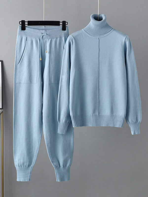 Casual Solid Long Sleeves High-Neck Sweater Tops & Drawstring Wide Leg Pants Suits
