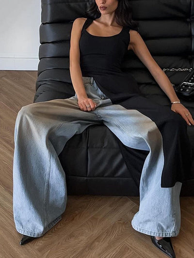 Skinny Sleeveless Asymmetric Solid Color Split-Side Square-Neck Tank Top