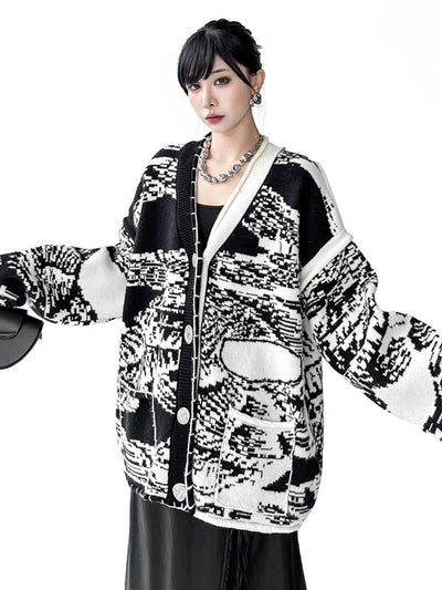 Long Sleeves Loose Abstract Printed Buttoned Contrast Color Pockets Split-Joint Collarless Cardigan Tops Outerwear