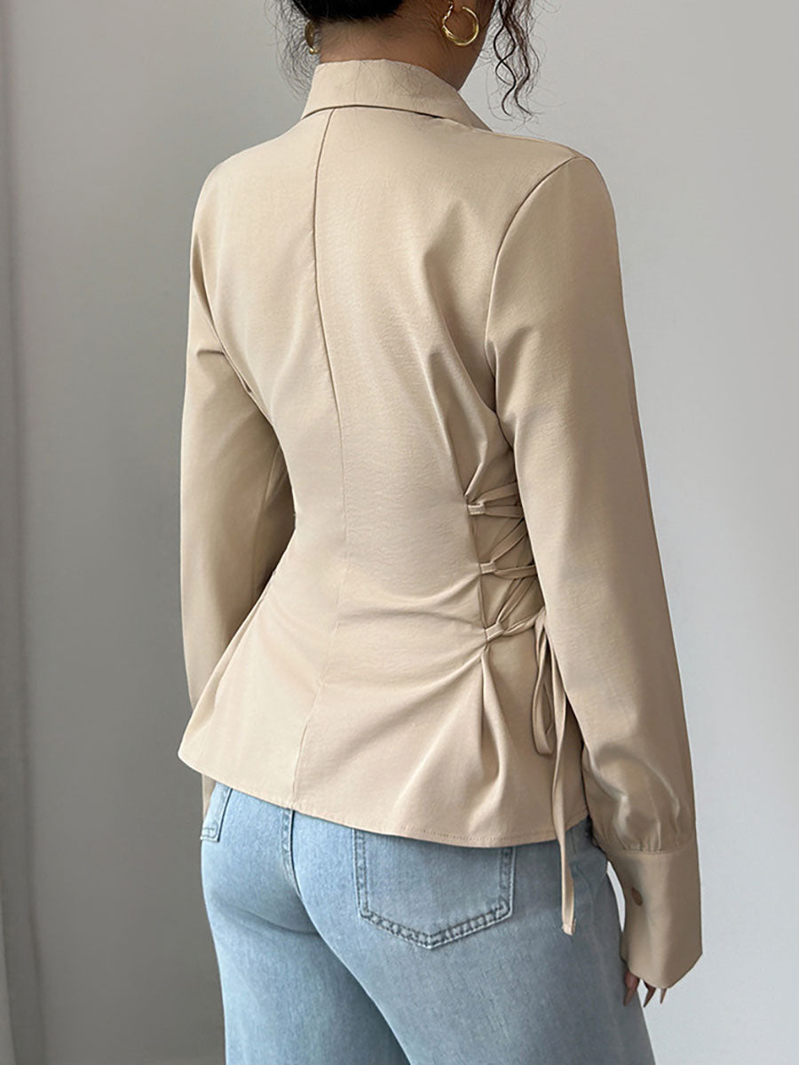 Long Sleeves Puff Sleeves Buttoned Pleated Solid Color Tied Lapel Blouses&Shirts Tops