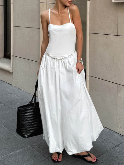 Loose Sleeveless Pleated Solid Color Split-Joint Spaghetti-Neck Midi Dresses