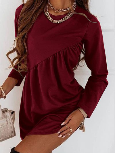 Casual Loose Long Sleeves Solid Color Round-Neck Mini Dresses