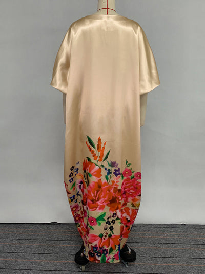 A-Line Half Sleeves Elasticity Flower Print Split-Front V-Neck Maxi Dresses