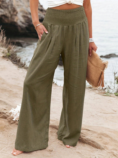 Elasticated Waist High Waisted Pleated Pockets Solid Color Split-Joint Pants
