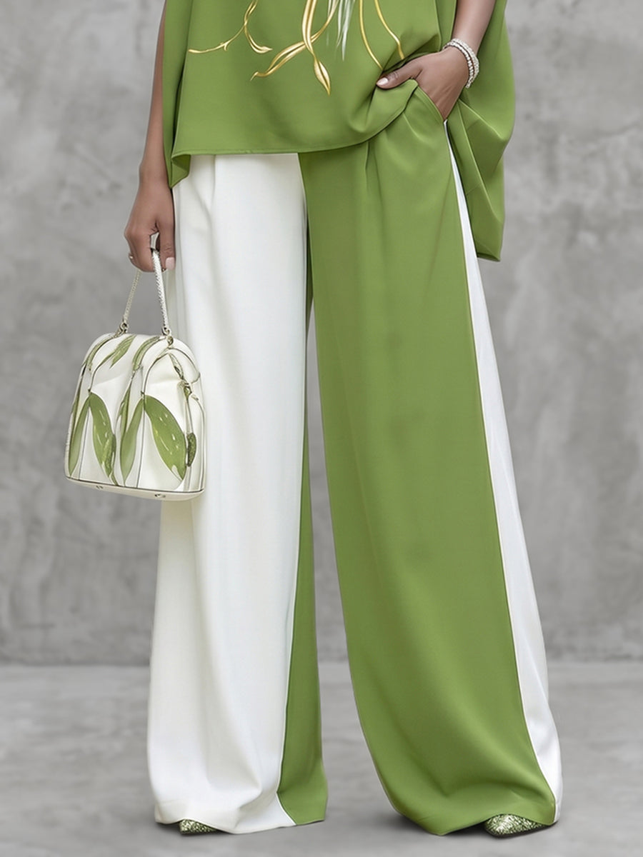 High Waisted Wide Leg Contrast Color Pockets Casual Pants Bottoms Trousers