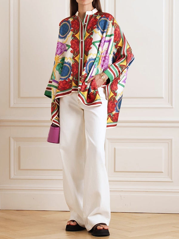 Batwing Sleeves High-low Buttoned Flower Print Stand Collar Blouses&shirts Tops